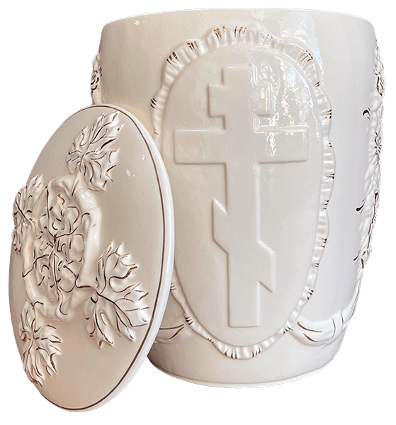 Фото: Урна для праха УШ-4. Круглая керамическая урна для праха после кремации с православным крестом и росписью золотом.